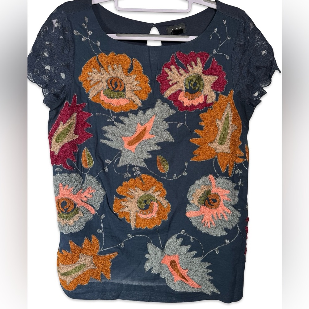 Anthropologie Deletta Shirt Sz XS Blue Short Sleeve T Shirt Appliqué Floral